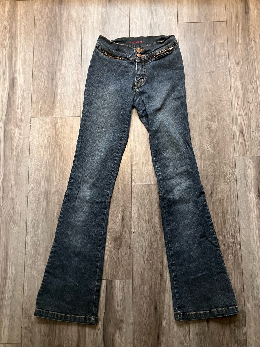UB Jeans Vintage Y2K Low Rise Flare Zipper Back Hem Dark Blue Wash Jeans 25